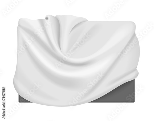 3D white cloth cover on box, podium or pedestal covered with silk fabric vector illustration