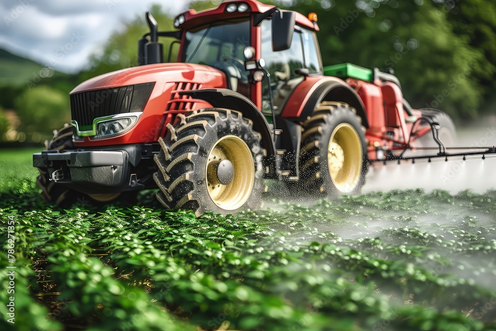 A tractor on the field waters the plants with pesticides. An agricultural ballet unfolds as the tractor waters the plants, safeguarding their existence.