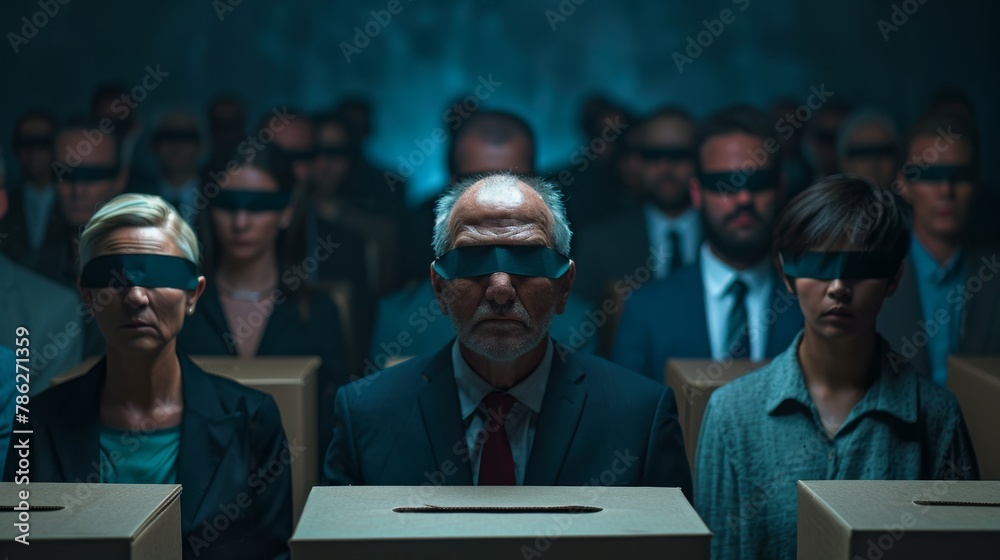 Blindfolded people voting, manipulated by politics and the media. - obrazy, fototapety, plakaty 