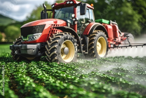 A tractor on the field waters the plants with pesticides. An agricultural ballet unfolds as the tractor waters the plants  safeguarding their existence.