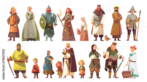 Medieval people set vector illustration. Cartoon knigh
