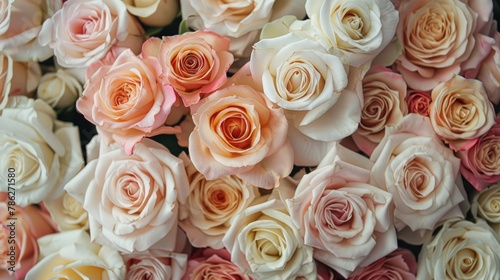 Festive floral background. Wedding, Prom, Birthday, Valentine's Day. A bouquet of beautiful cream and pink roses closeup