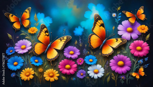 Fantasy artwork of a surreal vibrant  kaleidoscopic meadow filled with delicate and colorful butterflies and blooming  jewel-toned flowers