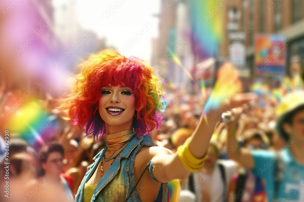 Generative AI illustration of cheerful young woman with makeup and colorful hair smiling happily while dancing on street during LGBT festival on sunny day