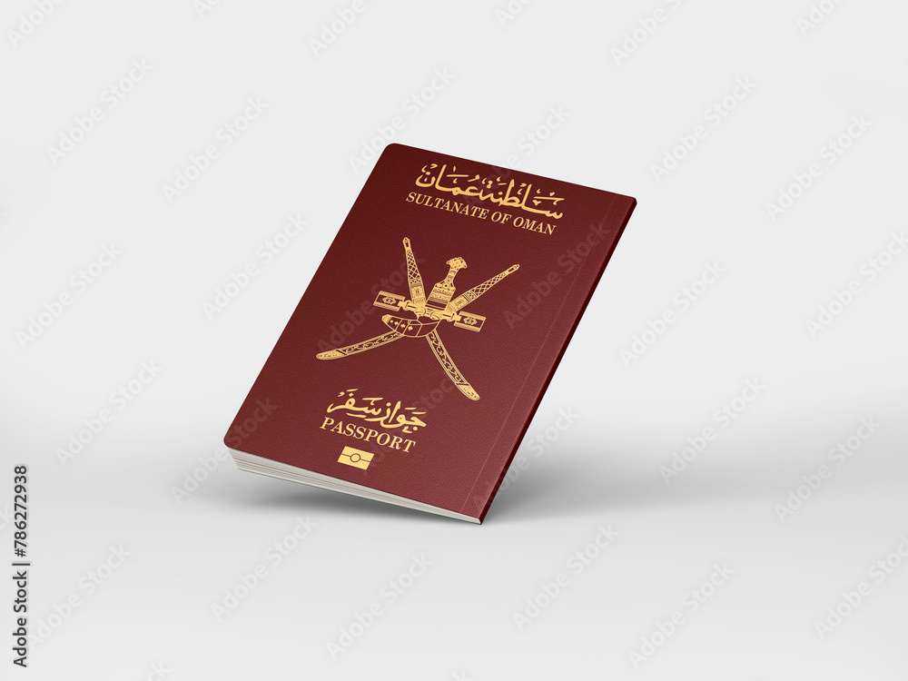Sultanate of Oman passport floats in the air isolated on white, International passport mockup in document for travel Sultanate of Oman passport floats in the air isolated on white, International passport mockup in document for travel