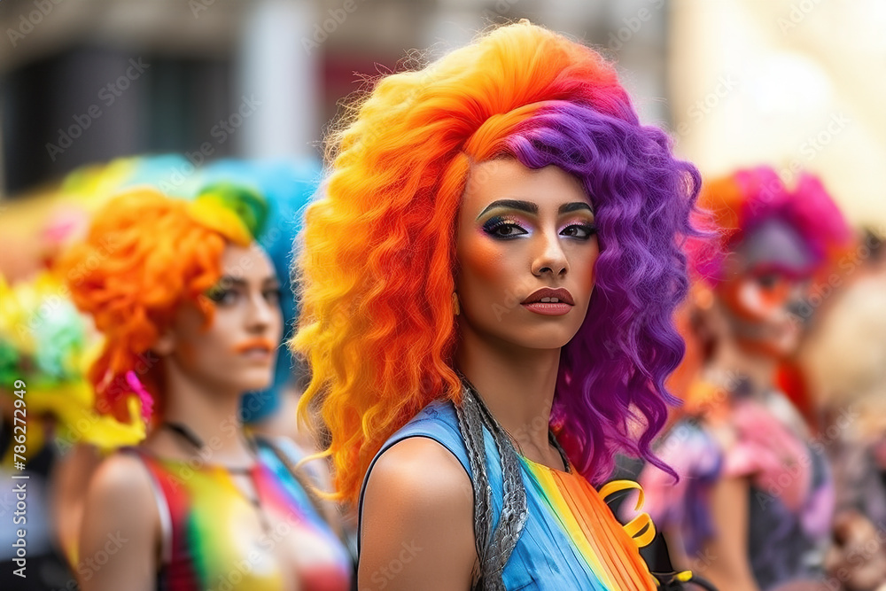 Fototapeta premium Generative AI illustration of side view of young ethnic female with colorful wig and makeups looking at camera while standing on street during LGBT parade in daytime