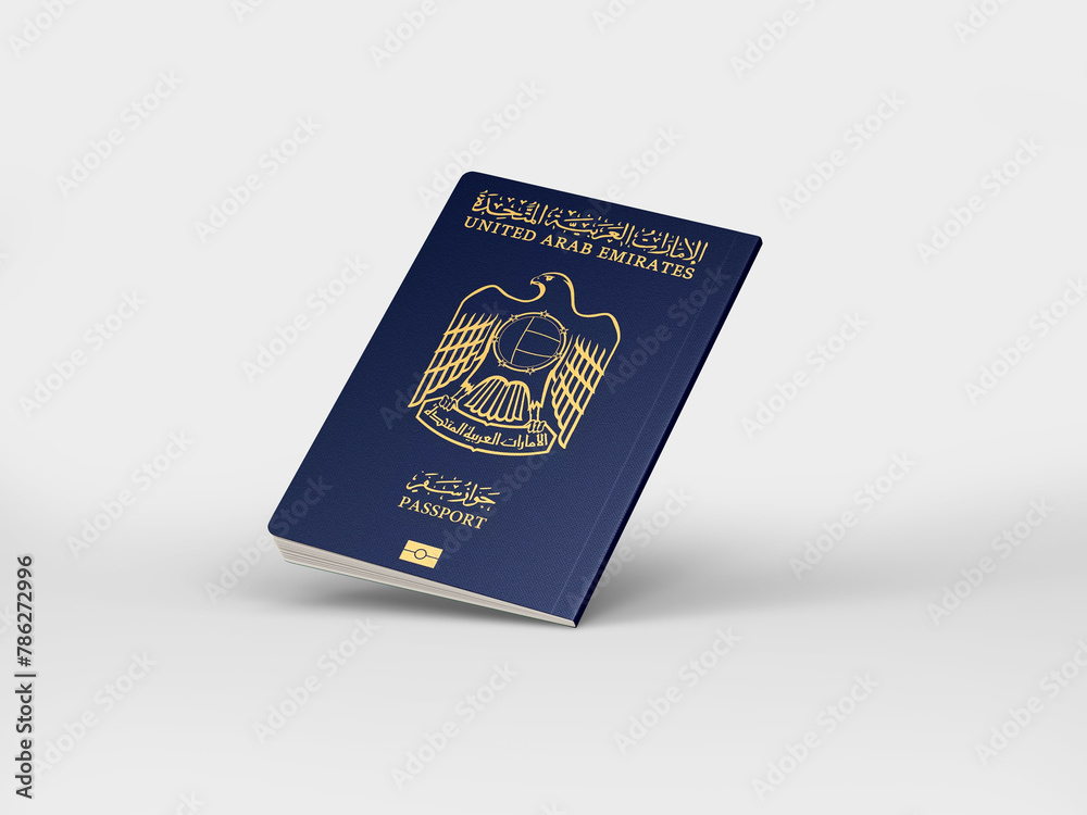 United Arab Emirates passport floats in the air isolated on white, International passport mockup in document for travel United Arab Emirates passport floats in the air isolated on white, International passport mockup in document for travel