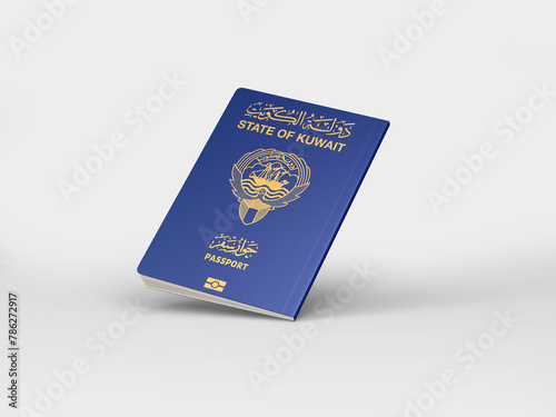 Kuwait passport floats in the air isolated on white, International passport mockup in document for travel