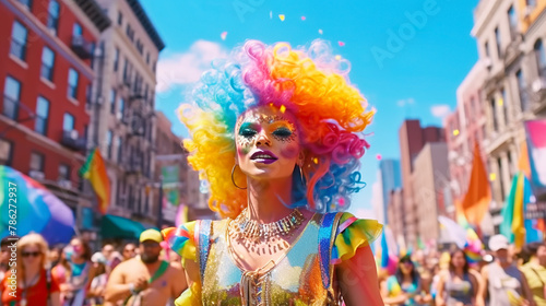 Generative AI illustration of positive non binary person with bright makeup and wig in festive costume smiling while walking on street with crowd during International LGBT Pride day photo