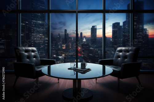 Contemporary office room with view on skyscrapers photo