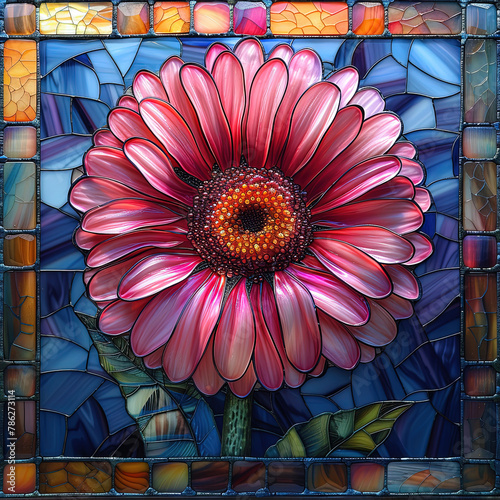 brightly colored flower in a stained glass window with a butterfly