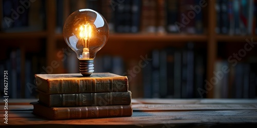 Illuminating Business Insights A Cozy Desk Setup with Vintage Light Bulb Casting Glow Over Entrepreneurial Literature