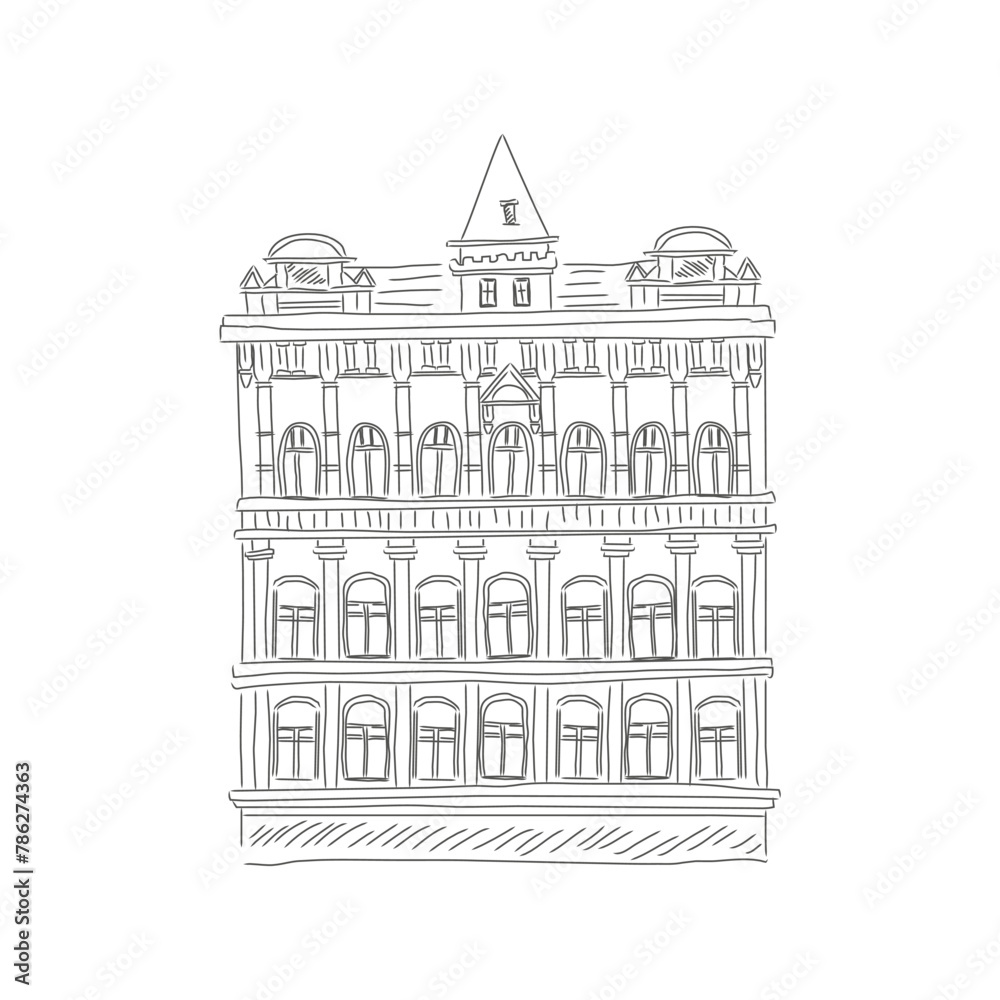 Old Europe building facade with arched windows, architectural sketch vector illustration