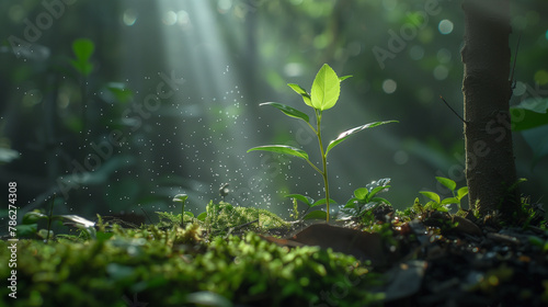 Young Plant Sprouting with Magical Sparkling Seeds on a Forest Floor © Mutshino_Artwork
