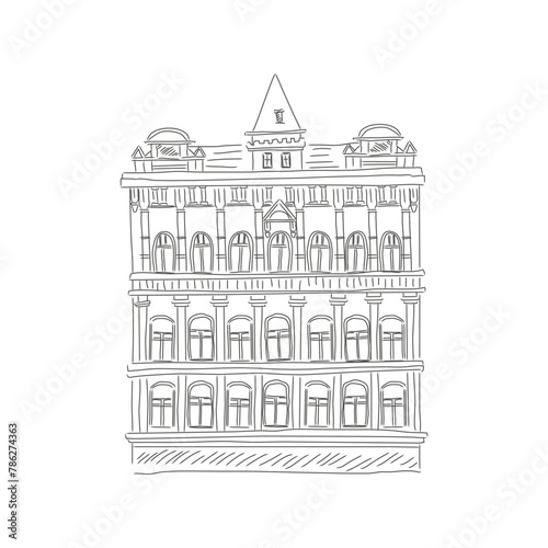 Old Europe building facade with arched windows, architectural sketch vector illustration