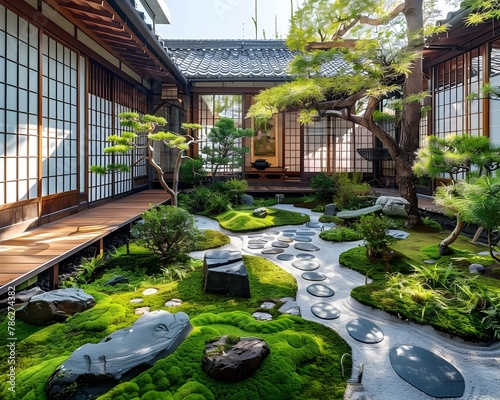 Tranquil Japanese Tea Garden with Meticulously Arranged Stones Moss Covered Paths and Traditional Teahouse