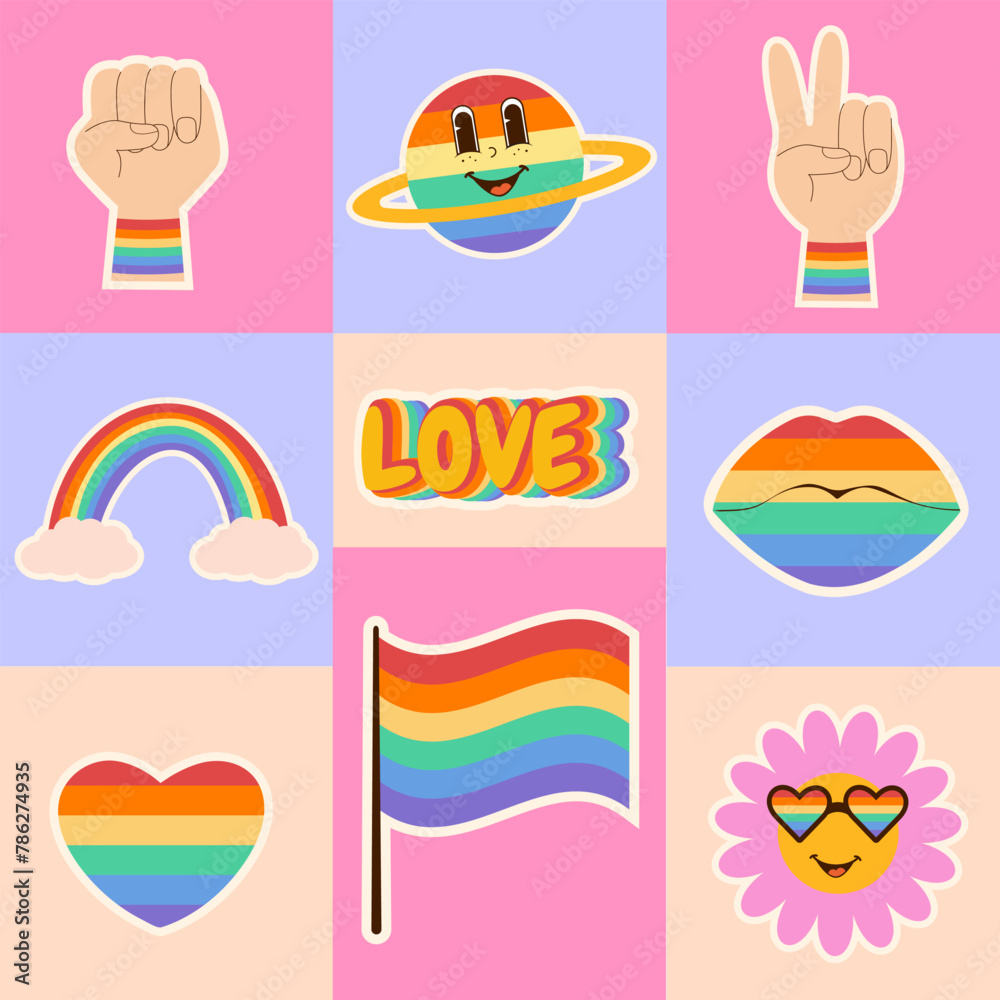 Pride month retro style card with LGBTQ community element