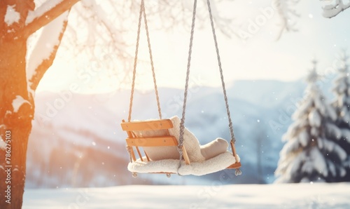 Father and son sledding during winter holiday. Sledding on bobsledge in the snow with amazing background photo