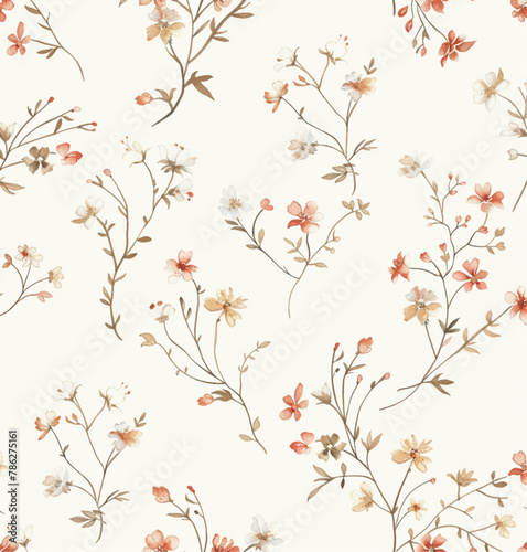 tiny floral pattern on white background, small flowers scattered around the design, muted colors, small roses and leaves in shades of blue, cream, grey, small tiny birds flying through the scene © Kholoud