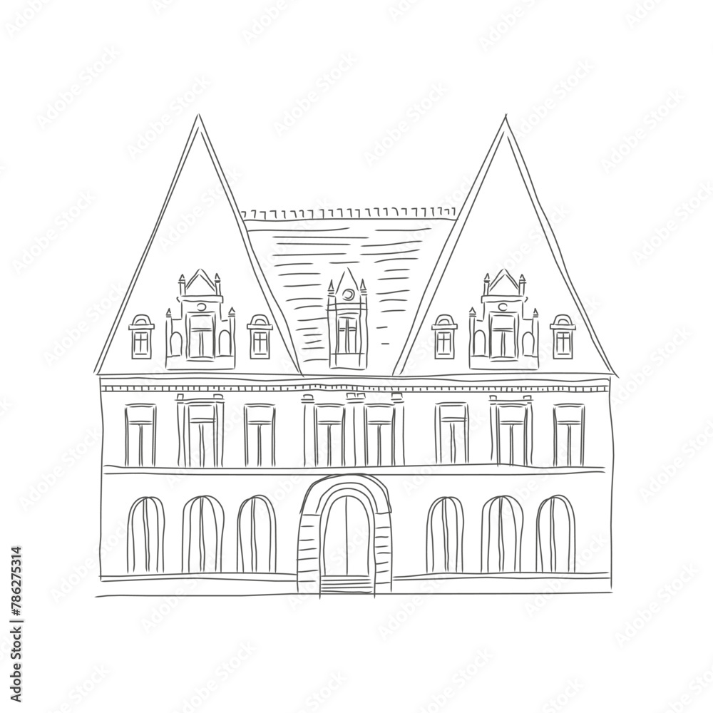 Ancient house with attic on European street, architectural sketch vector illustration