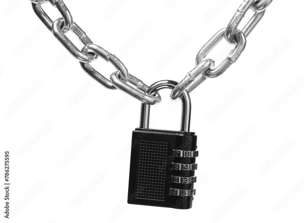 Steel combination padlock and chain isolated on white Steel combination padlock and chain isolated on white