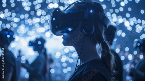 Woman Experiencing Virtual Reality Amidst Sparkling Lights
