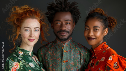 Portrait of three people of different ethnic origin, smiling, wearing in traditional-inspired clothes.