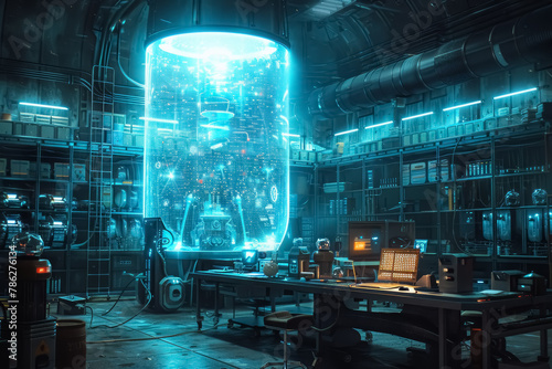 futuristic laboratory with glowing quantum computer, advanced technology in a dark, atmospheric setting