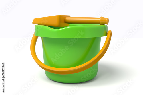 Sturdy green plastic bucket with shovel photo