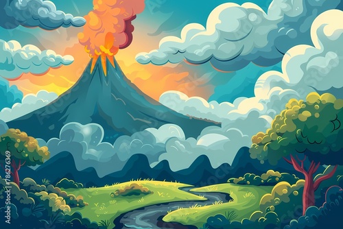 Volcano Illustration, Cartoon background