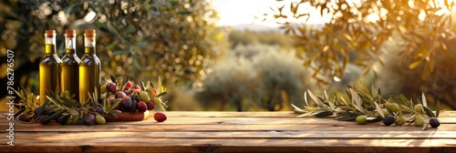 Golden olive oil bottles in rural field with olives and fruits, morning sun, wide banner for text photo