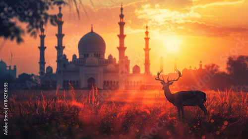 Deer at sunset against the background of the mosque, symbolizing tranquility, for Eid-ul-Adha, banner photo