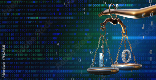 AI legal concept. Artificial intelligence justice law digital technology. Themis scales with coding numbers. 3D render illustration.
