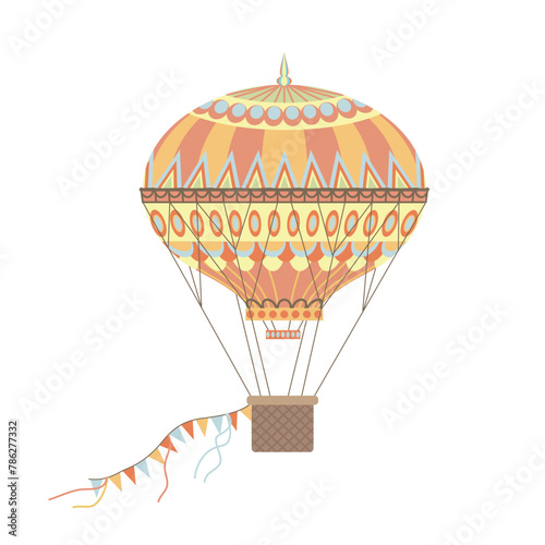 Hot air balloon, retro flying airship with decorative elements, color sketch vector illustration