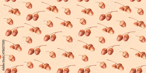 Watercolor seamless pattern with acorn.