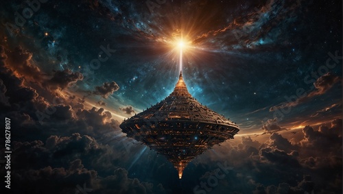 a massive interstellar ark spaceship of complex design, decorated with complex glowing symbols