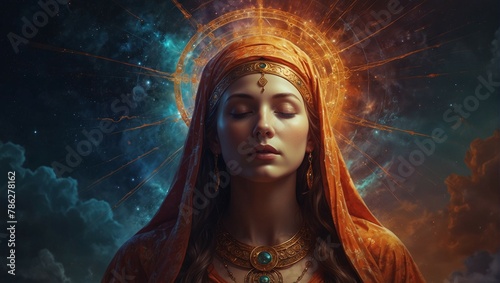 The brilliant oracle woman embodies wisdom, surrounded by swirling cosmic clouds