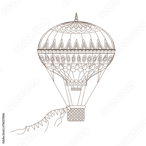 Hot air balloon flying in sky with flags on rope, monochrome pencil drawing vector illustration
