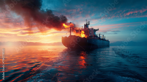 Fiery sunset blaze on ocean tanker vessel photo