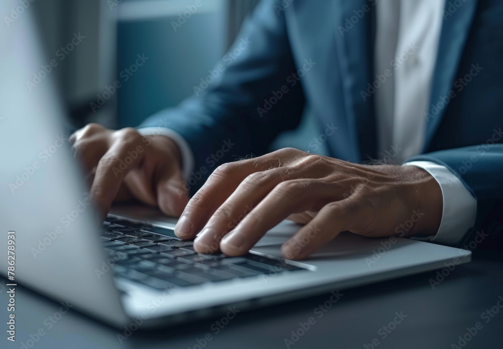 Computer, hands and businessman typing in office with finance inflation research for stock trading. Investment, technology and professional financial advisor working on laptop keyboard in workplace. Computer, hands and businessman typing in office with finance inflation research for stock trading. Investment, technology and professional financial advisor working on laptop keyboard in workplace.