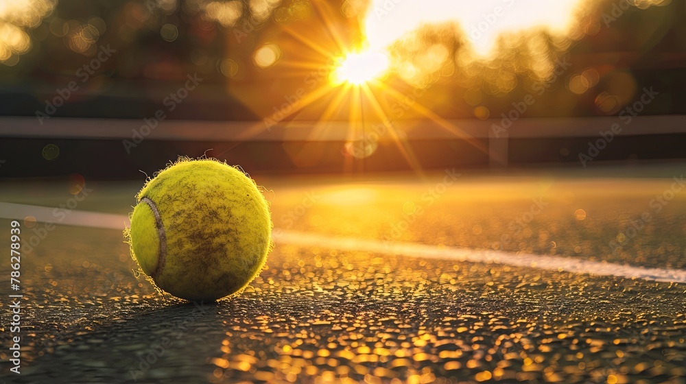 Golden hour tennis match action close-up with vibrant sunset
