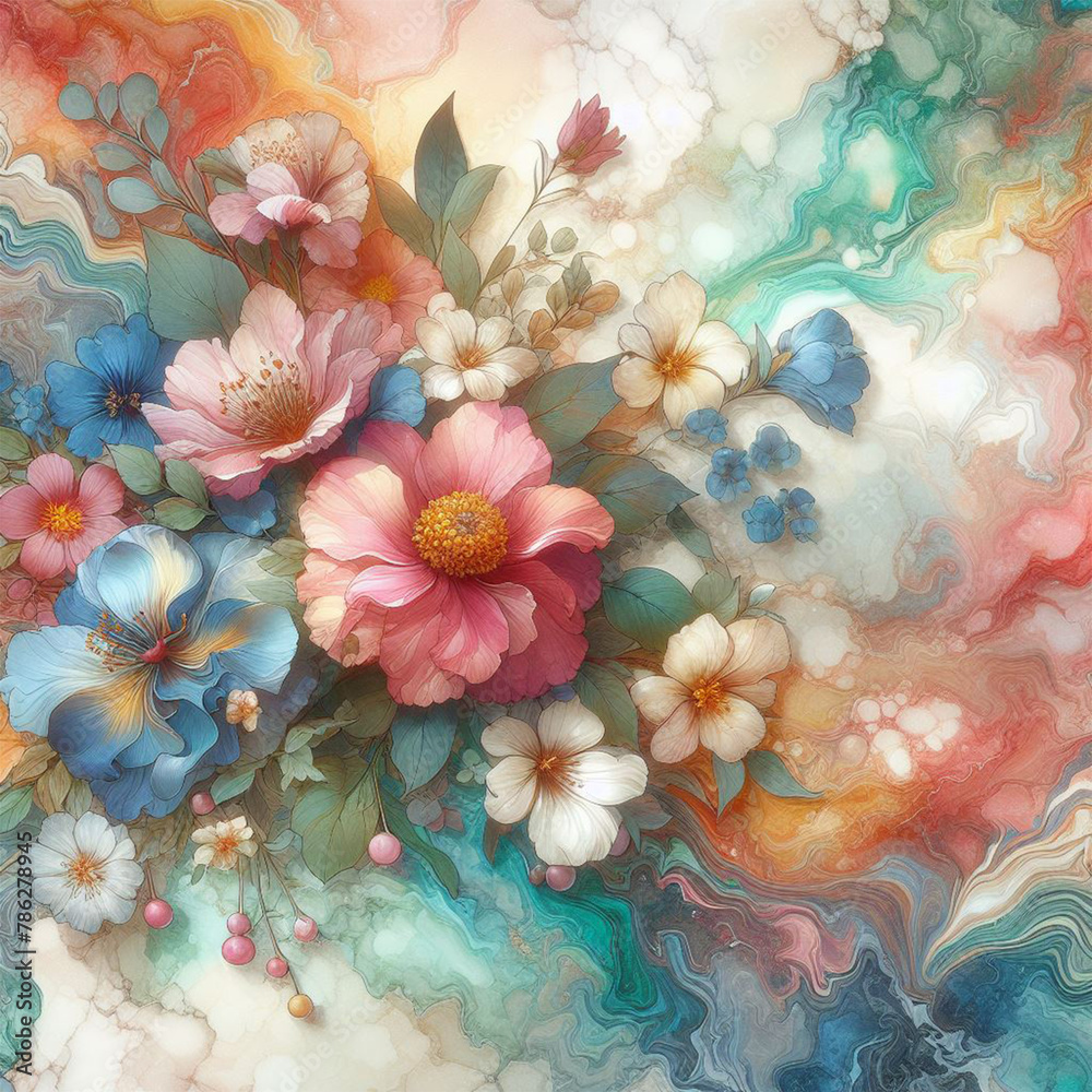 Marble wallpaper background of spring flowers elegant beautiful floral seamless pattern of fabric hand-painted flowers baroque colorful decoration Marble wallpaper background of spring flowers elegant beautiful floral seamless pattern of fabric hand-painted flowers baroque colorful decoration