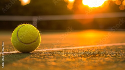 Golden hour tennis ball on court with sunlight backdrop