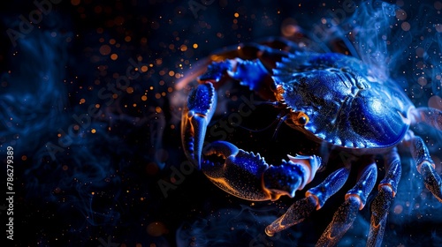 Enigmatic blue crab amidst sparkling particles on a dark background