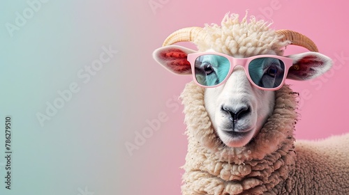 Cool sheep wearing sunglasses on pink and blue background