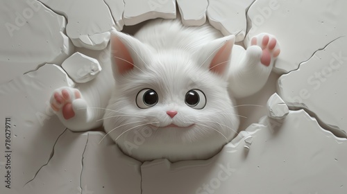 Chubby kawaii cat cartoon, two paws out, head peeking from cracked 3D white wall, soft shadows for depth