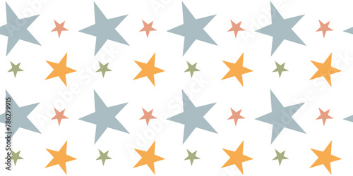 Abstract background with multi-colored stars, seamless pattern, on white background. Design in 90s-00s style for textiles, wrapping paper, children's products