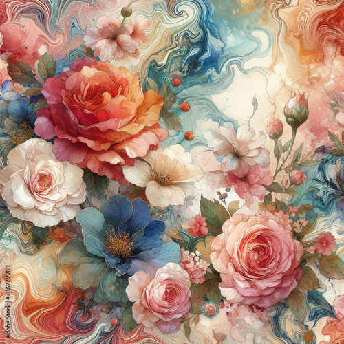 Marble wallpaper background of spring flowers elegant beautiful floral seamless pattern of fabric hand-painted flowers baroque colorful decoration