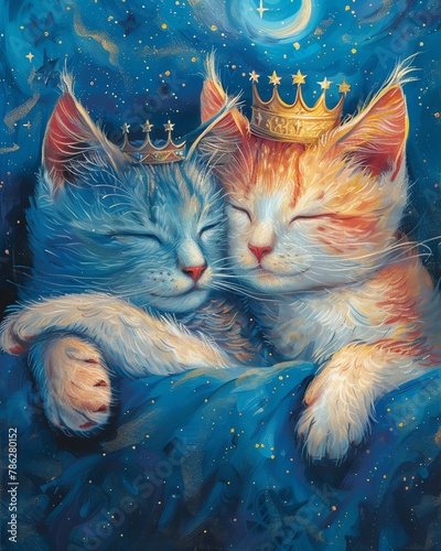 Twoheaded anime cat, one with a crown, regal pose, starry night background, perfect for die cut