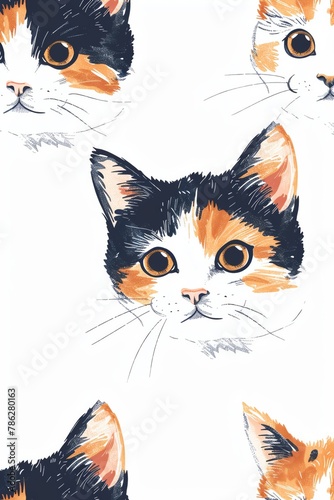 Vector seamless pattern of calico kittens peeking from holes, isolated on white, perfect for petthemed wallpaper photo